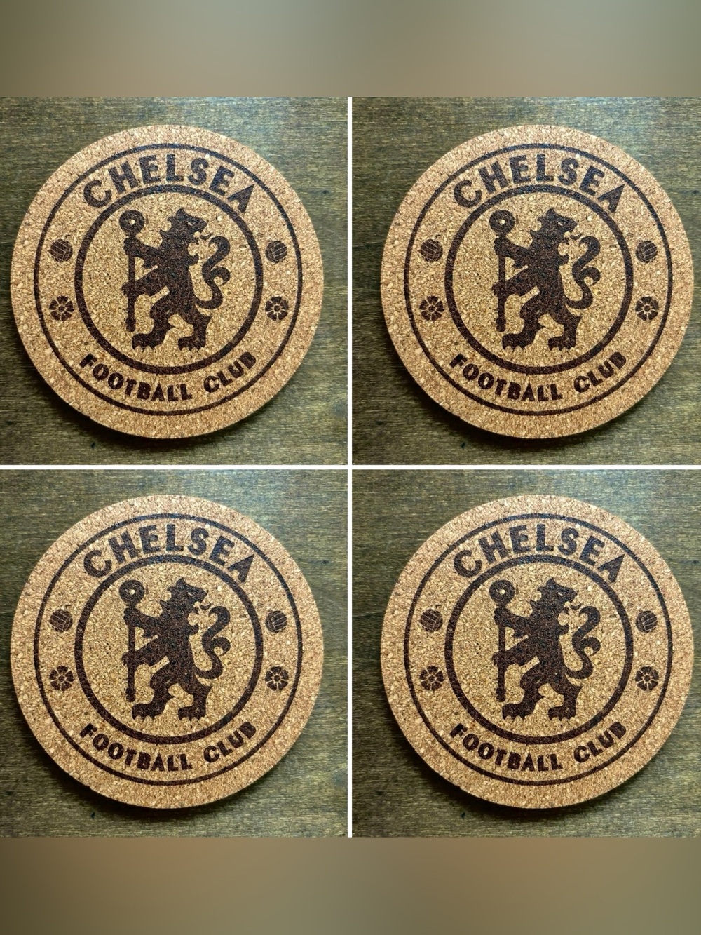 Chelsea Logo Laser Engraved Cork Coasters Lot of 4